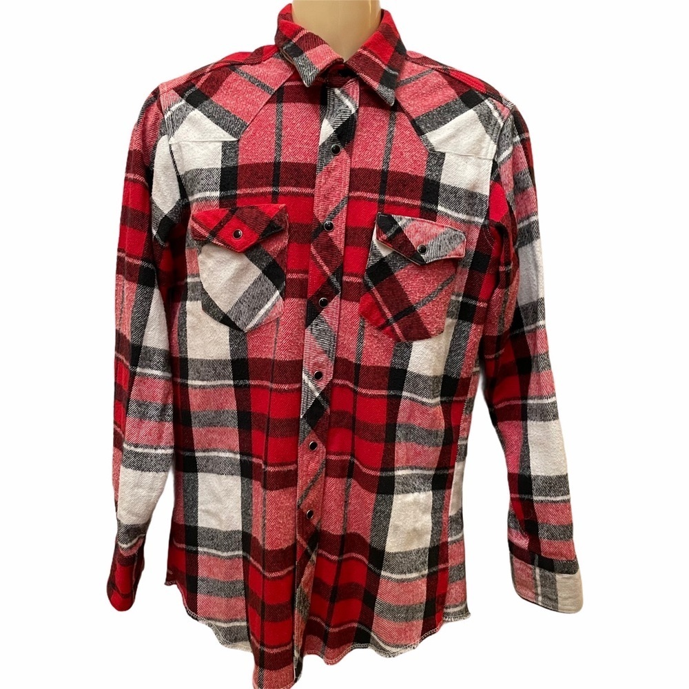 Vintage Wrangler X-Long Tails Red Plaid Shirt 15.5x34 Pearl Snap‎ Cotton Cowboy